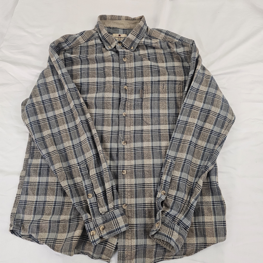 Woolrich Mens L Plaid Flannel Button-Up Twisted Beige Brown Blue